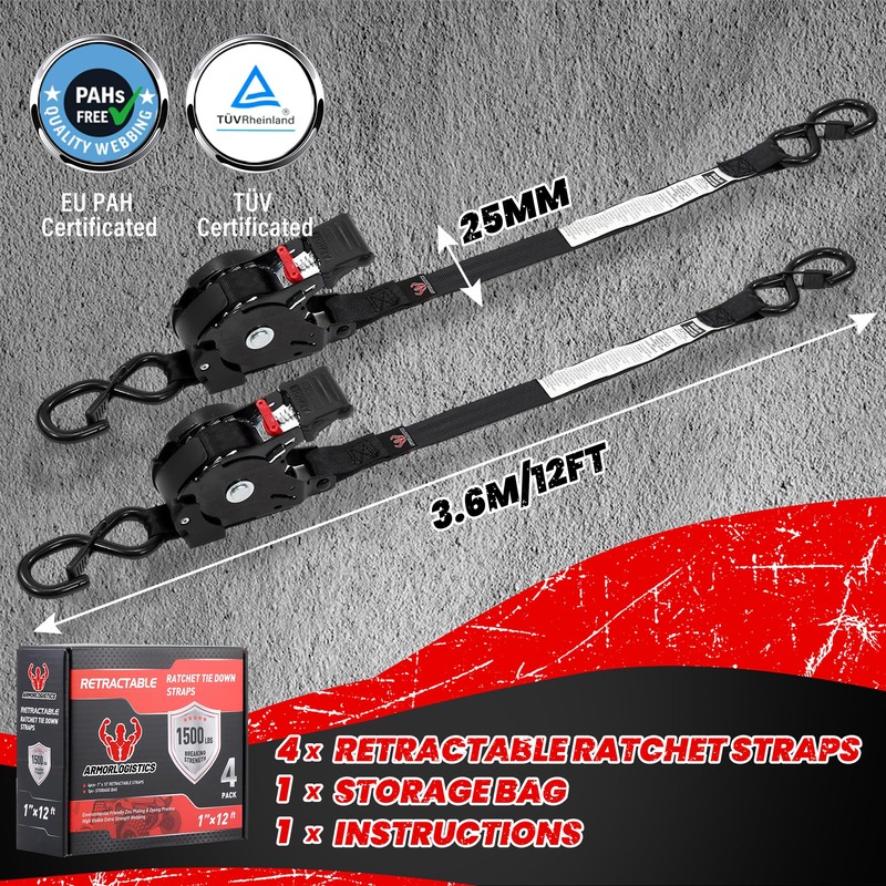 ARMORLOGISTICS Retractable Ratchet Straps 4 Pack, 1500LBS Break Strength Self