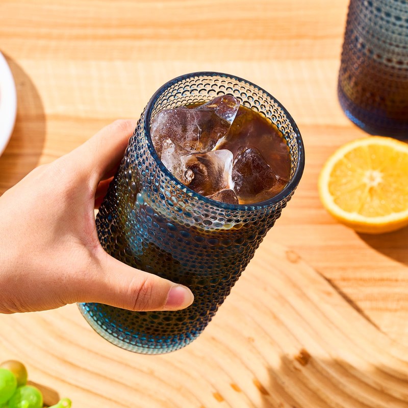 16oz Hobnail Drinking Glasses, Set of 6 Blue Tumblers