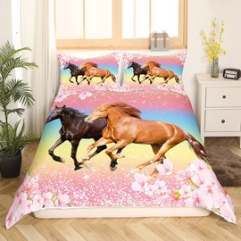 Girls Horse Bedding Set Kids Horses Pink Floral Duvet Cover For Kids Galloping Farmhorse Blossom Flower Bedding & Linen Wild Animal Cherry Blossom Glitter Bedding & Linen Daughter Bedroom Single