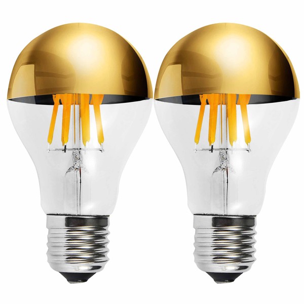 MAPCYON Half Gold Light Bulb, Dimmable 6W (Equivalent 60 Watt) Decorative LED Edison Bulb, A60/ A19 A Shape 2700K Warm White, Gold Tipped Mirror Light Bulb E26 Base Pack of 2