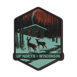 Die Cut Sticker Up North, Wisconsin, Deer and Cabin in Winter, Woodblock, Contour Vinyl Sticker 3 to 6 inches, (Waterproof Decal for Cars, Water Bottles, Laptops, Coolers), Large