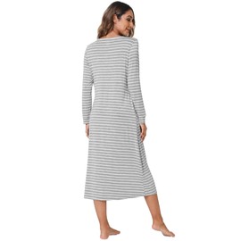 WiWi Nightgowns for Women Soft Sleepwear Long Sleeve Nightshirts Pajamas Gown Viscose from Bamboo Pjs S-XXL, Grey White Stripe, Large