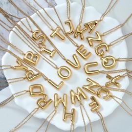 Joacii 18K Gold-Plated Bubble Initial Letter Pendant Necklace for Women Chunky Custom Puffy Alphabet Letter Name Drop Necklace for Men, Stainless Steel