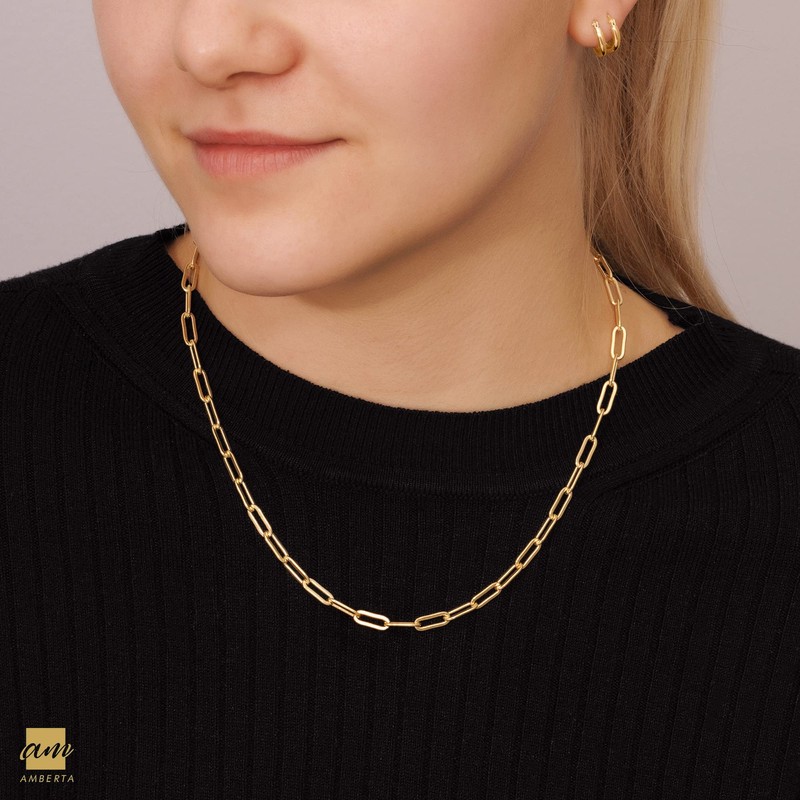 Amberta Women's Paper Clip Necklace 925 Sterling Silver, Sterling Silver