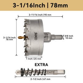 CENYB 3-1/16" (78mm) Tungsten Carbide Tipped Hole Saw with 2Pcs Titanium-Plated Pilot Drill Bits for Metal, Steel, Iron, Wood, Plastic