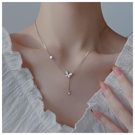 Inilbran Boho Crystal Butterfly Y Lariat Necklace Silver Rhinestone Y Drop Necklace Choker Sparkling CZ Butterfly Lariat Y Necklace Vintage Butterfly Pearl Necklace for Women and Girls