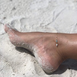 Gold Dainty Turquoise Anklet for Women,14K Gold Plated Cute Tiny Beaded Evil Eye Boho Beach Foot Chain Ankle Bracelet for Women on Summer