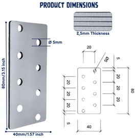 HANFCO® 10pcs 80x40x2,5mm Flat Brackets for Wood, Galvanised Steel Perforated Mending Plates, Wood Metal Flat Joining Plates, Timber Wood Repair Connectors Sleeper Fixing Heavy Duty Joining Brackets