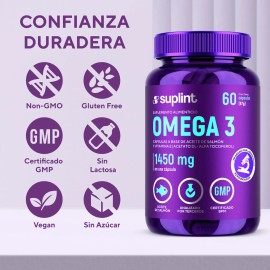 Omega 3 de Aceite de Salmón 3420 mg – Alto Contenido de EPA, DHA y Vitamina E – Suplemento Natural para Corazón, Cerebro y Articulaciones – Sin Gluten, Sin OGM – 60 Cápsulas – SUPLINT