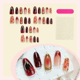 24Pcs Gold French Tip Press on Nails Medium Almond Fake Nails 3D Cherry Star with Rhinestones Glitter Design Full Cover Stick on Nails Red Gradient False Nails for Women Girls Artificial Acrylic Nails