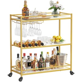 Lifewit Bar Cart Gold, 3 Tier Wine Rolling Cart with Lockable Wheels, 12 Glass Holders and 4 Wine Rack, Home Serving Drink Liquor Cart for Kitchen Dining Living Room, 31.6" x 13.1" x 33.9", Gold