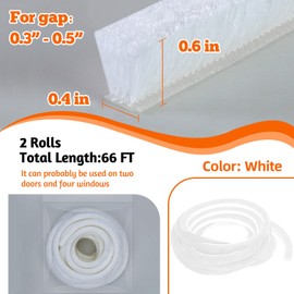 Brush Weather Stripping Seal, Draft Stopper for Doors 66 Feet, Self-Adhesive Under Door Seal for Energy Efficiency, Block Draft, Dust, Noise, for Interior/Exterior Doors, Windows, Garage (White)