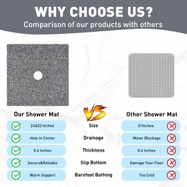 Mofonky Shower Mat Non Slip: 24 x 24 Inch Square Shower Mats with Drain Hole in Middle - Soft Loofah Quick Drying Matt for Shower Stall