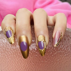 GCSQW Press On Nails Almond - Medium False Nails with 3D Sculpting Metallic Design, Gold Glossy Fake Nails with Jelly Glue, 24 Pcs Reusable Stick on Nails for Coquette Women Girls