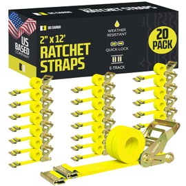 DC Cargo Mall E Track Ratchet Straps Cargo Tie-Downs, (Pack of 20) 2 x 12 Heavy Duty Yellow Tie-Down Rachet Straps, Strong Ratchet Strap, E Track Spring Fittings, Tie Down Motorcycle