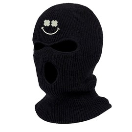 Irish Smiley Clover Three Hole Mask Embroidered Ski Mask Full Face Cover Knitted Embroidery Warm Graphic Balaclava (Black)