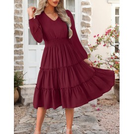 Zattcas Women 2025 Long Sleeve Fall Dresses V Neck Smocked Wasit Casual Flowy A Line Tiered Modest Teacher Work Midi Dress Wine Red L