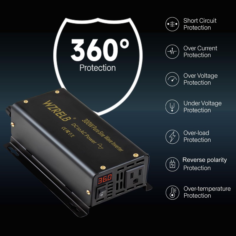 WZRELB 300W Pure Sine Wave Power Inverter 600W Peak DC