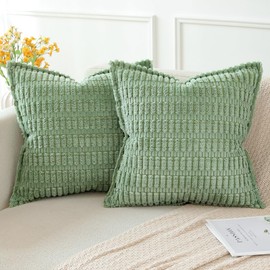 Artscope Sage Green Cushion Covers Set of 2 Corduroy Decorative Square Striped Pillowcase with Stitched Edge Pillow Covers 60x60cm for Home Decor Sofa Bedroom Car