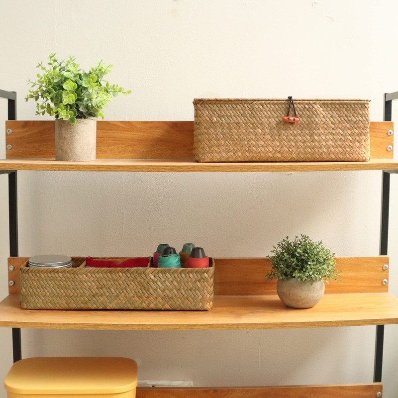 FEILANDUO 3-Section Seagrass Storage Basket with Lid Hand Woven Small