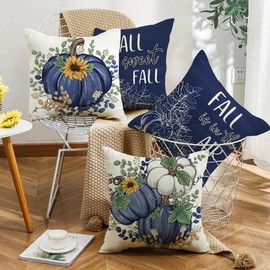 Ni-JASW Fall Throw Pillow Covers 18x18 inch Set of 4, Navy Blue Pumpkin Autumn Decorative Pillow Cases for Couch Sofa