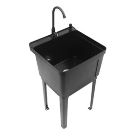 Freestanding Laundry Sink, Space Saver Utility Sink with Rotatable Faucet and Soap Dispenser, Plastic Laundry and Utility Room Sink for Washing Room Laundries Rooms Bathrooms (Black)