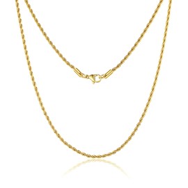 FOSIR Gold Plated Rope Chain for Men, 2.5mm Stainless Steel Necklace for Men and Women (24 Inch)