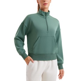 CRZ YOGA SoftAura Half Zip Sweatshirt for Women Long Sleeve Pullover Workout Casual Funnel Neck Tops with Pocket Dark Forest Green Medium