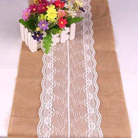 Camino de mesa de arpillera de encaje Burlap yute boda nupcial fiesta decoración de mesa (30,5 x 274,3 cm), Marrón, 1