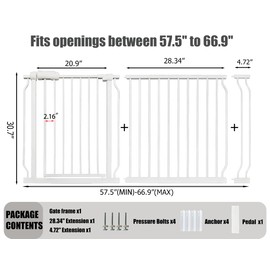 Extra Wide Baby Gate - 62-67 Inch Tension Mounted Safety Child & Pet Gate - White Metal - Walk Through - Long - for House Doorways & Stairs