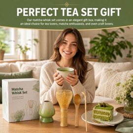 4pcs Matcha Set, Matcha Whisk Set - Matcha Whisk Plastic(Yellow), Whisk Holder, Scoop - Japanese Tea Ceremony Set for Home Use or as a Gift, Kiln-Change Green