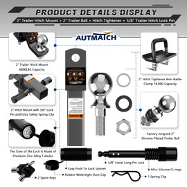 AUTMATCH Trailer Hitch Ball Mount with 2 Inch Hitch Ball - Fits 2" Receiver with Hitch Tightener, 8000Lbs Capacity Ball Hitch, 2-Inch Drop with 5/8" Hitch Lock Pin, Gunmetal