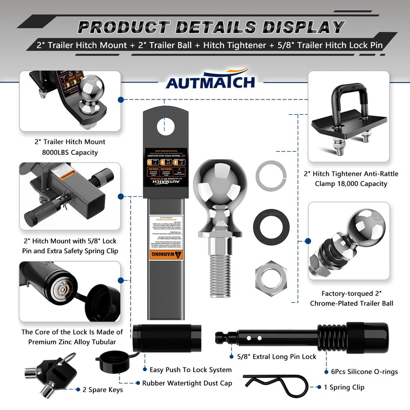 AUTMATCH Trailer Hitch Ball Mount with 2 Inch Hitch Ball