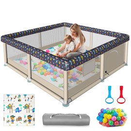 Baby Playpen, Playpen with Mat for Babies and Toddlers, 50x50 inch Baby Play Pen Playard for Indoor & Outdoor with Breathable Mesh Anti-Fall Play Yard(All-Wrapped Sponge Cartoon Print)