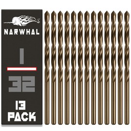 Narwhal 1/32 Inch Cobalt Drill Bits (13 Pack - Industrial Grade M35 Cobalt) 1-3/16" Length & 135 Degree Split Point for Drilling Into Metal, Hardened & Stainless Steel, Cast Iron, & More!