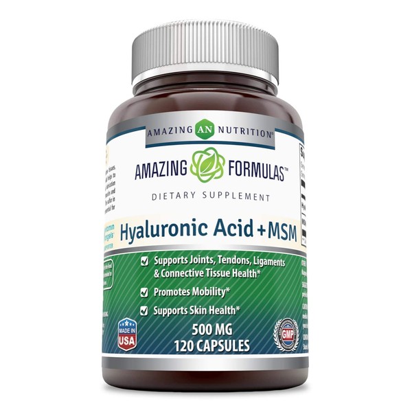 Amazing Nutrition Hyaluronic Acid & MSM Dietary Supplement - 500 Milligrams - 120 Capsules - Provides Joint, Tendon & Ligament Support - Promotes Flexibility – Skin Health Supplements*