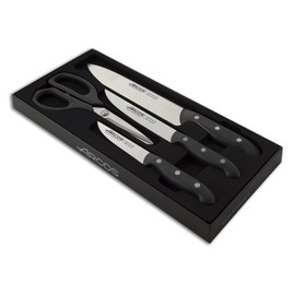 Arcos Kitchen Knife Set 4 Pieces. 3 Chef Knives and 1 Scissors of Stainless Steel and Ergonomic Polyoxymethylene Handle for Cutting Meat, Fish and Vegetables. Series Maitre. Color Black