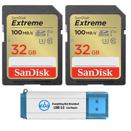 SanDisk 32GB Extreme SD Card (2 Pack) SDHC Memory Cards Compatible Browning Trail Cameras (SDSDXVT-032G-GNCIN) Class 10 UHS-1 U3 4K Bundle with (1) Everything But Stromboli 3.0 Micro & SD Card Reader