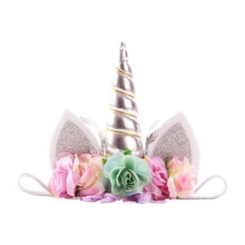 Nishine Roses Floral Unicorn Horn Headband Elastic Baby Girls Unicorn Hairband Party Supplies (Silver&Mint)