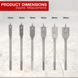 6 Heavy Duty Spade Drill Bits Set with a Vinyl Carry Pouch - 1/4 Inch Quick Change Hex Shank, 10mm, 12mm, 16mm, 18mm, 20mm, and 25mm, Flat wood Bit Set, Woodworking Hole Cutter Tool
