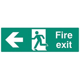 Sign, emergency exit left, Rp, outside height 150 mm, outer width 450 mm, sign colour white on green, sign legend fire exit arrow left, sign material plastic, sign type emergency exit, personal