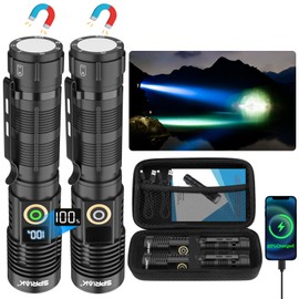 Spriak Rechargeable Flashlight High Lumens- Super Bright Magnetic Flash Light with Power Digital Display, Long Range,Dimmable,Waterproof,Pocket Tactical LED Flashlights for Emergency Camping 2PC