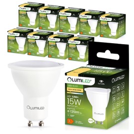 Lumiled GU10 LED, 1.5 W, 135 lumens, 3000 K warm white bulb, spotlight, replaces 15 W halogen bulbs, 120° beam angle, reflector bulbs, pack of 10 energy-saving bulbs