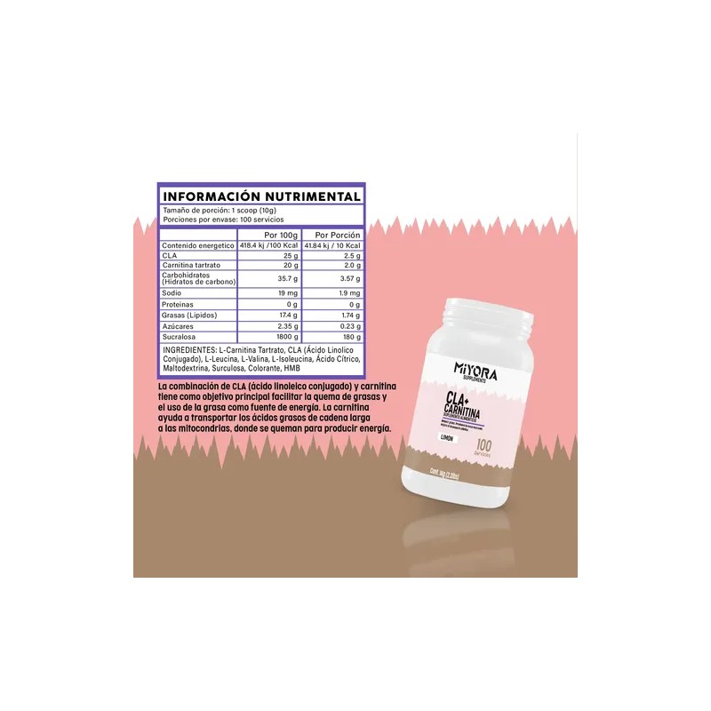 Cla + Carnitina 1kg Suplemento Miyora 100servicios Sabores