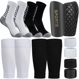 2 Pair Kids Grip Soccer Socks and 2 Pair Shin Guard Sleeves,1 Pack Shin Guards and 4 Shin Straps for Soccer Football Sports