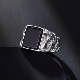 Mens Onyx Ring Stainless Steel Vintage Braided Cuban Link Signet Ring Size 11