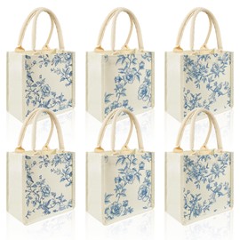 6 Pcs Chinoiserie Burlap Tote Bags Blue White Floral Bird Wedding Tote Bags with Handle Vintage Reusable Jute Gift Bags Bridesmaid for Engagement DIY Shopping Bridal Shower Wedding Bag, 7.9 x 7.9"