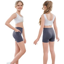 MEJING Girls Athletic Shorts Size 10-12, Grey Biker Volleyball Shorts Cross Waist, Kids Running Yoga Cheer Dance Gymnastics Shorts Pockets
