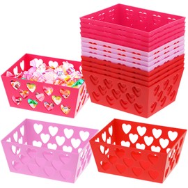 Menkxi 12 Pcs Valentine's Day Pink and Red Baskets, 5.5 x 4 x 2.5 Small Heart Hollowed Plastic Baskets Bulk Empty Love Gift Container Storage Bins for Home Party Favor Valentine's Day