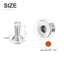 DTGN 3/8-16 x 1" Flat Head Socket Cap Screws, 15 Pack 304 Stainless Steel Hex Socket Flat Head Screws, Full Thread, Countersunk Bolts